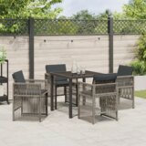 vidaXL vrtni blagovaonski set od 5 komada s jastučićima siva poli ratan, vrtni stol crn 80x80x73 cm temperirano staklo | shoptok.hr