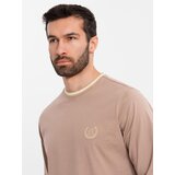 Ombre Men's cotton longsleeve with striped U neckline and embroidery - brown | Shoptok.si