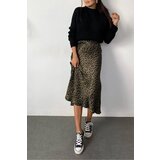 Dewberry 68223 Leopard Pattern Satin Midi Length Skirt-BLACK-KHAKI | shoptok.hr