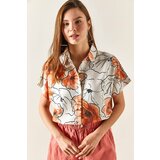 Olalook Women's Floral Orange Bat Linen Blend Shirt Cene'.'