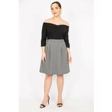 Şans Women's Black Plus Size Collar Detailed Skirt Houndstooth Patterned Belted Dress Cene