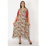 Şans Women's Plus Size Red Sleeve Detailed Floral Patterned Dress Cene
