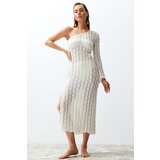 Trendyol Beige Belted Midi Knitted Knitwear look One Shoulder Beach Dress cene