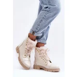 Boto Lewski Shoes Leather Women's Boots With Faux Fur Light Beige Lewski 3296