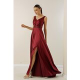 By Saygı V-Neck Thick Strap Waist Beaded Lined Wide Size Long Satin Dress | Shoptok.si