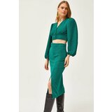 Olalook Women's Petrol Green Slit Skirt Knitted Suit Cene