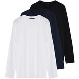 Trendyol Black-White-Navy Blue Men's Regular/Regular Cut Crew Neck Long Sleeved 3-Pack Basic T-Shirt. Cene