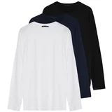 Trendyol Black-White-Navy Blue Men's Regular/Regular Cut Crew Neck Long Sleeved 3-Pack Basic T-Shirt.