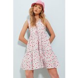 Trend Alaçatı Stili Women's Pink Front And Back V-Neck Floral Patterned Flounce Linen Linen Dress | Shoptok.si