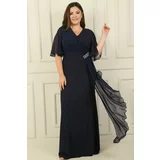 By Saygı Plus Size Silvery Long Dress with Chiffon Sleeves and Stone Accessories on the Side