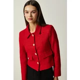 Happiness İstanbul Women's Red Gold Buttoned Tweed Woven Jacket