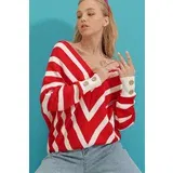 Trend Alaçatı Stili Women's Red V-Neck Bias Striped Oversized Knitwear Sweater