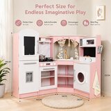 Ginger Home Velika kutna dječja drvena kuhinja s tekućom vodom, svjetlom i zvukom, ružičasta, 134x80x99 cm | shoptok.hr