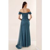 By Saygı Pleated Low Sleeves Lined Glittery Long Dress With Pleats Oil Cene