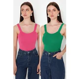 Trendyol Fuchsia-Green Double Pack Strappy Basic Knitwear Blouse