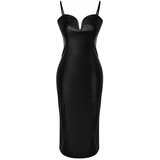 Trendyol Black Fitted Faux Leather Evening Dress Cene