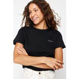 Trendyol Black 100 Cotton Motto Embroidered Regular Fit Knitted T-Shirt Cene