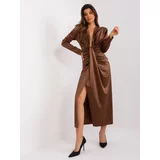 Fashion Hunters Brown evening dress with a plunging neckline