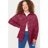 Trendyol Curve Burgundy Tweed Plaid/Checked Pocket Woven Plus Size Shirt | shoptok.hr