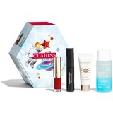Clarins Make-up Essentials set: maskara Wonder Perfect Mascara 4D 3 ml + olje za ustnice Lip Comfort Oil 1,4 ml 03 Cherry + podlaga za ličila SOS Primer White 10 ml + odstranjevalec ličil za oči Instant Eye Make-up Remover 30 ml odtenek 01 Perfect Black | Shoptok.si