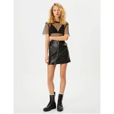 Koton Mini Faux Leather Skirt Zippered Slim Fit Pocket Detailed