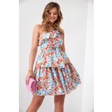 FASARDI Summer dress with an asymmetrical blue-red floral neckline