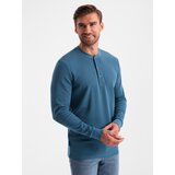 Ombre Men's waffle knit longsleeve fastened at the neck - blue denim | ePonuda.com
