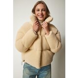  Women's Cream Stand Up Collar Fluffy Down Jacket | Shoptok.si