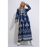 Trend Alaçatı Stili Women's Navy Blue Collar Front Buttoned Patterned Woven Viscose Hijab Dress