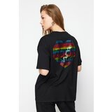 Trendyol Black 100% Cotton Shiny Printed Oversize/Casual Fit Knitted T-Shirt Cene