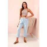 Kesi Włoski Women's linen cotton pants with a belt blue Cijene