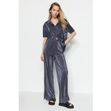 Trendyol Anthracite Pleated Wide-Cut Shirt and Trousers Knitted Top and Bottom Set Cene