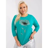 Fashion Hunters Turquoise women's plus size blouse with appliqué Cene