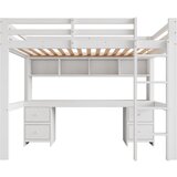 Lumor Postelja na dvignjenem nivoju 90x200 cm - Z pisalno mizo in 2 komodama - Iz masivnega lesa in MDF - Bela, (22155806) | Shoptok.si