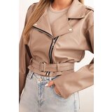 Kesi Włoski Short women's jacket made of eco-leather with a belt and collar fango | Shoptok.si