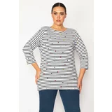 Şans Women's Plus Size Bone Line And Points Patterned Capri Sleeved Tunic