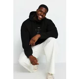Trendyol Black Men's Plus Size Oversized Comfortable Hoodie. Reflective Printed Fleece Inner Sweatshirt.