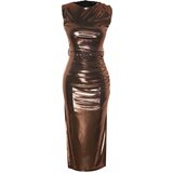 Trendyol Brown Fitted Evening Dress with Shimmering Cene