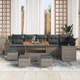 vidaXL 10-delni vrtni kavč set z blazinami siva poli ratan akacija | Shoptok.si