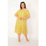 Şans Women's Plus Size Yellow Collar Elastic Hem Gathered Woven Viscose Fabric Dress Cene