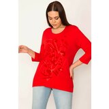 Şans Women's Plus Size Red Flocked Front Patterned Blouse Cene