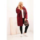 Kesi Włoski Plus Size women's coat made of faux shearling with a hood and pockets burgundy | Shoptok.si