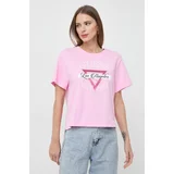 Guess Bombažna kratka majica ženski, roza barva
