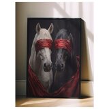 Wallxpert uramljena slika 115189, beli i crni konj sa crvenim povezima preko očiju, 50 x 70 cm, crni ram u