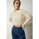 Happiness İstanbul Women's Cream Ripped Detail Knitwear Crop Sweater Cene