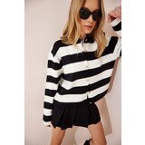 Happiness İstanbul Women's Black Ecru Crew Neck Striped Knitwear Cardigan Cene