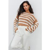 Cool & Sexy Women's Ecru-Camel Spanish Sleeve Openwork Knitwear Short Blouse YV109 | Shoptok.si
