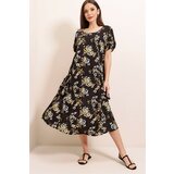 By Saygı Floral Pattern Elastic Pocket Oversized Viscose Dress Black Cene