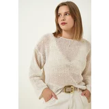 Happiness İstanbul Women's Cream Pearl Detailed Openwork Seasonal Knitwear Sweater