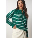  Women's Dark Green Ecru Button-down Collar Knitwear Sweater | Eponuda.ba